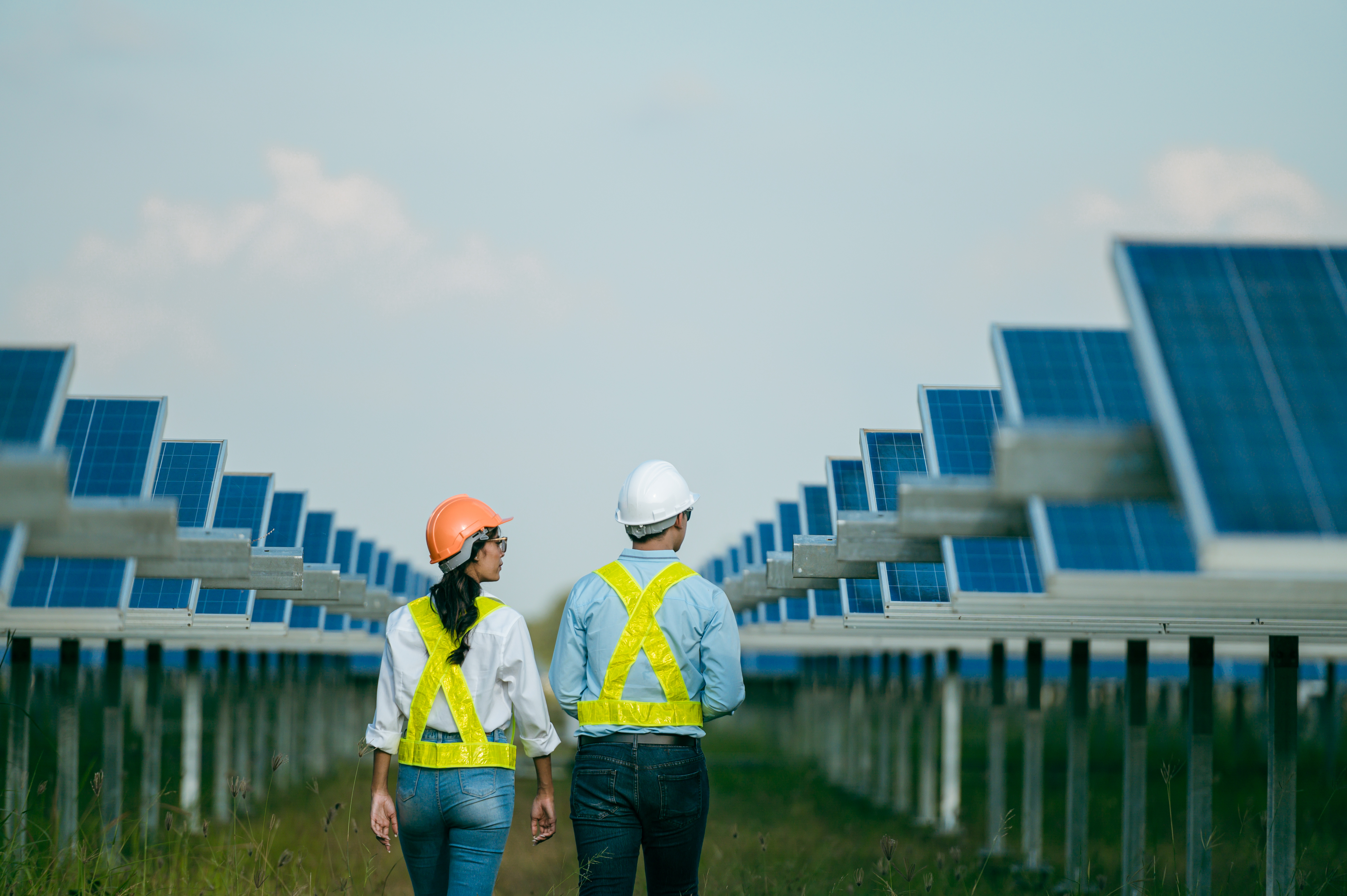 Green field with solar panels, a woman and man walk between them