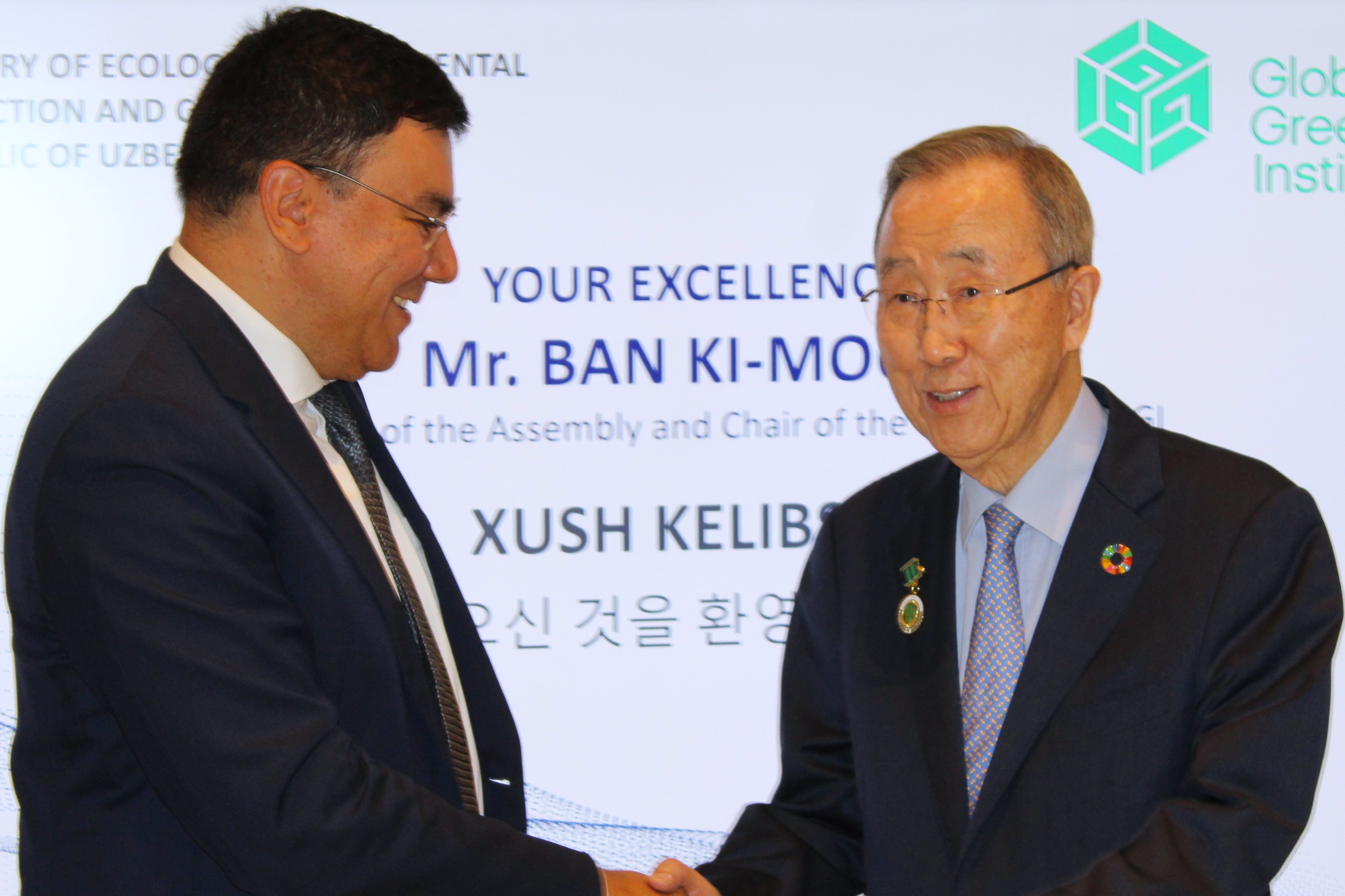 GGGI's President Ban Ki-moon with Minister of Ecology  Aziz Abdukhakimov