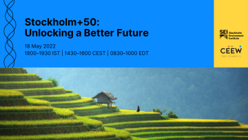 Title of event and host organizations on blue and yellow banner, beneath is a terraced hill.