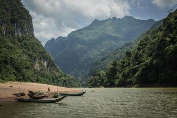 Canoes on a riverbank