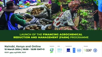 Event graphic featuring event title, time, and location with the image of a woman at a food market on the left and the image of a woman, child, and men crouching in a field on the right 
