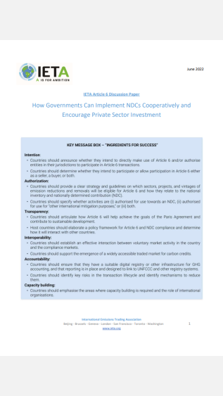 How Governments Can Implement NDCs Cooperatively and Encourage Private Sector Investment_IETA