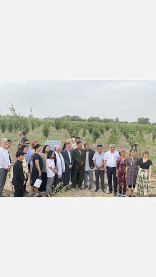 Group photo at KOICA-GGGI sign, two-row windbreak at Agroimpex farm