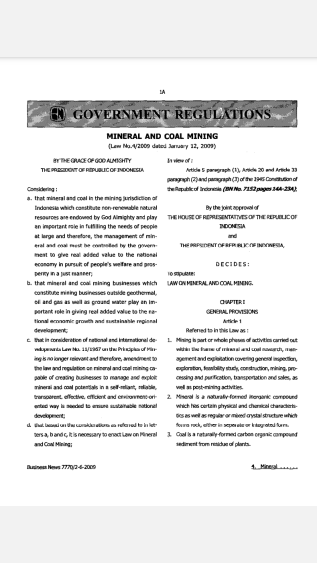 Law of the Republic of Indonesia Number 4 of 2009 on Mineral and Coal Mining