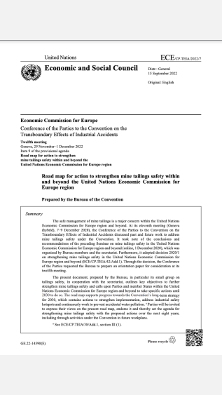 Road map for action to strengthen mine tailings safety within and beyond the United Nations Economic Commission for Europe region