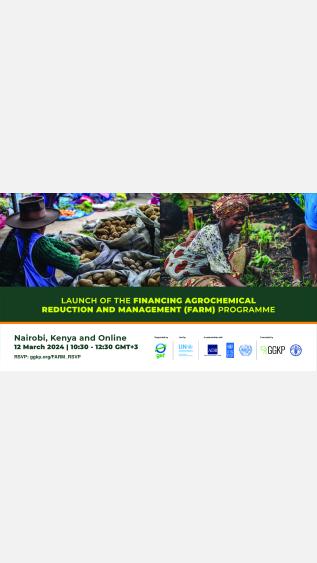 Event graphic featuring event title, time, and location with the image of a woman at a food market on the left and the image of a woman, child, and men crouching in a field on the right 