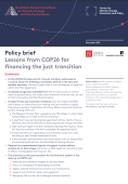 First page of policy brief, blue header with logos, and summary text below.